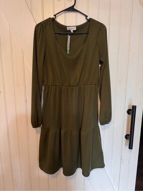 Gilli Olive Ribbed Scoop Neck Knit Dress
